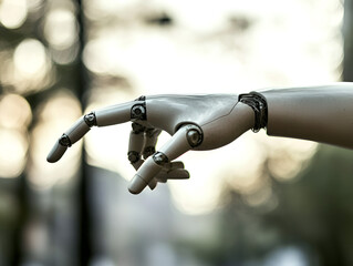 Robotic hand reaching out in nature background