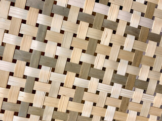 Woven wooden mat displayed in a close-up view highlighting intricate patterns and textures