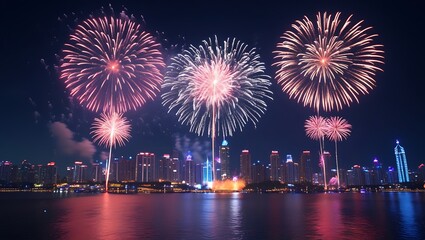 Spectacular fireworks display illuminating cityscape and water reflection
