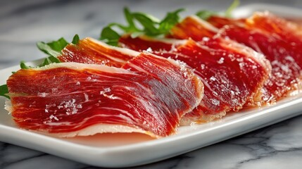 Obraz premium Elegant presentation of Jamon Serrano from Teruel on a minimalist white dish