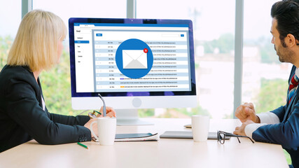 Email notification message showing on computer screen snugly. Digital marketing message information text from business to customer client