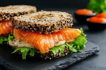 Delicious open-faced sandwich with smoked salmon, lettuce, and sauce on multigrain bread. A healthy and flavorful snack or light meal option.