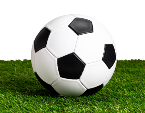 Classic black and white soccer ball resting on green turf, clean isolated Transparent PNG
