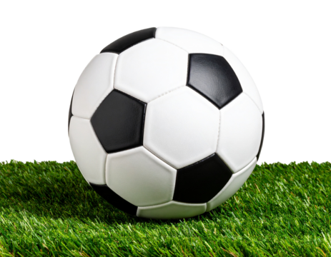 Classic black and white soccer ball resting on green turf, clean isolated PNG, Transparent PNG