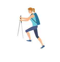 Woman hiking with backpack and trekking poles