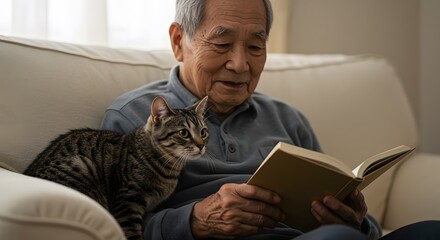 Elderly Asian man reading on couch with tabby cat curled beside him, warm ambient lighting, 50mm lens, soft focus.