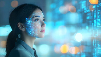 Woman with digital facial scan overlay looking at futuristic interface with glowing holographic elements in a high-tech environment