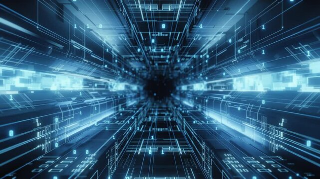 Futuristic technology background tunnel with blue neon light. Concept of future technology, metaverse, and virtual reality.