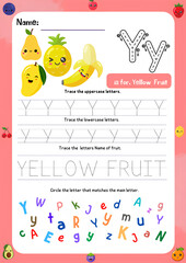 Obraz premium Back to school fruit themed vector design card with cute fruits and handwritten ABC letters