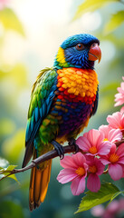 Fototapeta premium Vibrant Rainbow Lorikeet Perched on Blossoming Branch