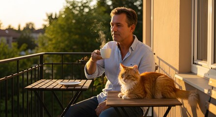 Middle-aged white man drinking coffee on balcony, ginger cat on table, golden hour glow, DSLR, 85mm lens.