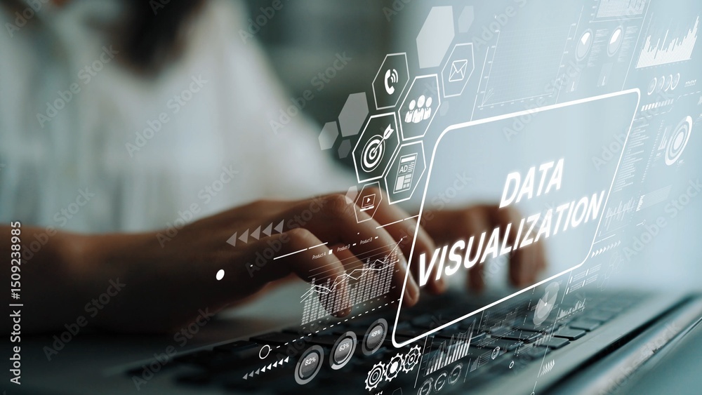 Poster close-up of a person using laptop for data visualization analysis with graphical elements and techno