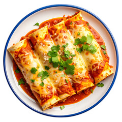 Four cheesy enchiladas topped with cilantro and savory red sauce are neatly arranged on a white plate