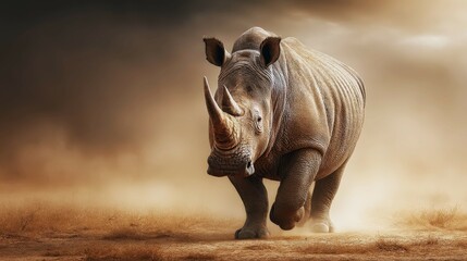 Fototapeta premium Rhinoceros walks gracefully through the golden dusty plains of Addo Elephant Park