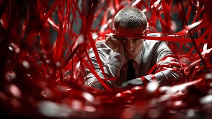Businessman struggling with red tape