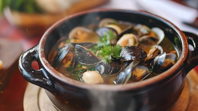 Caldo de sururu or mussel soup with smoke around