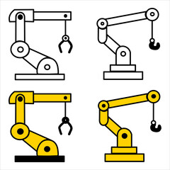 Vector icons of industrial robotic arms in outline and color, perfect for manufacturing, automation, and industry themes.