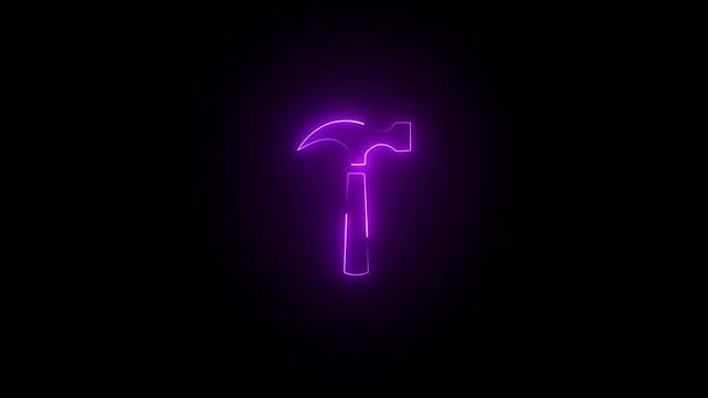 Animation with hammer neon icon glowing effect animation on black background. HD video 