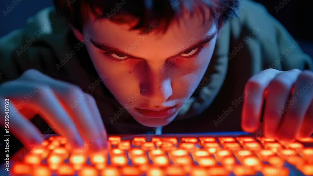 Poster young man working on computer, focused on typing