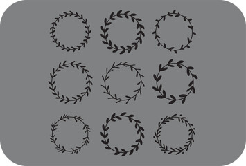 Obraz premium Collection of Nine Hand Drawn Floral Wreaths with Different Leaf Shapes in Black on a Gray Background for Invitations and Decorations