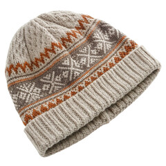 Warm Knitted Beanie Hat with Fair Isle Pattern - Isolated on White Background