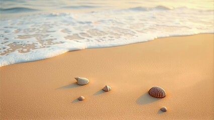 Seashells on a Sunny Beach with Gentle Ocean Waves