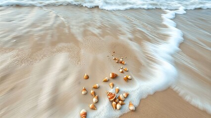 Seashells on a Sunny Beach with Gentle Ocean Waves