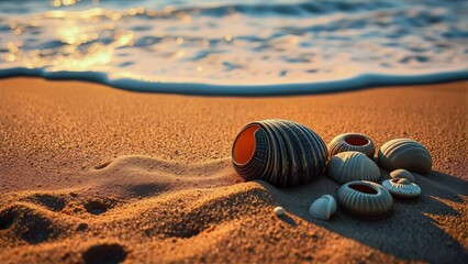 Seashells on a Sunny Beach with Gentle Ocean Waves