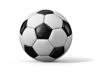 Fototapeta premium Classic black and white soccer ball with hexagonal panels, showcasing textured surface and realistic details, positioned on a clean white background for sports-themed design