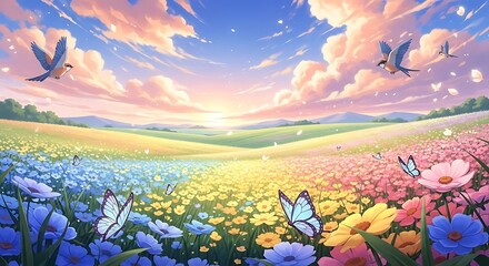 A vibrant, colorful field of flowers under a dreamy sky, with butterflies and birds flying around. The scene is full of life, beauty, and tranquility