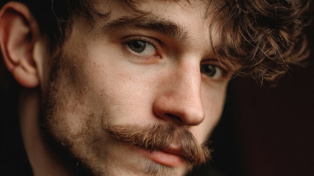 Young man with stylish mustache poses confidently in relaxed indoor setting