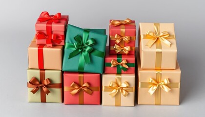 Fototapeta premium Colorful festive presents wrapped with ribbons, stacked against neutral background