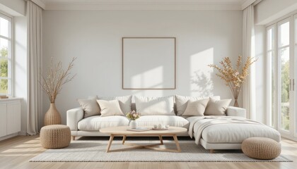 Bright minimalist living room with large windows, cozy beige sofa, wooden coffee table, poufs, and natural decorative elements, creating a warm and inviting modern home interior.