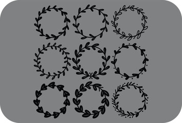 Set of Nine Hand Drawn Floral Wreaths with Leaves and Berries on a Gray Background Perfect for Wedding Invitations and Other Design Projects