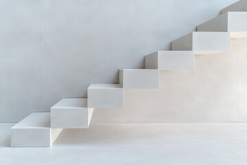 Minimalist stairs in natural stone, bathed in soft sunlight, creating a serene and modern architectural detail. Clean lines, neutral tones.