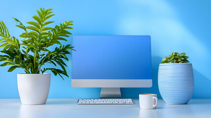 Modern Home Office Workspace with Blue Walls and Potted Plants
