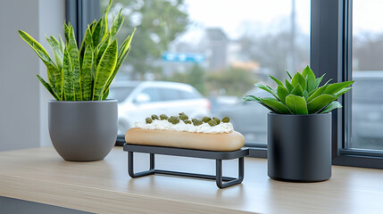 Cream Cheese and Caper Sandwich with Succulents on Windowsill