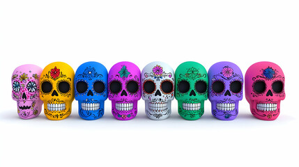 Row of Colorful Pixel Sugar Skulls on White Background