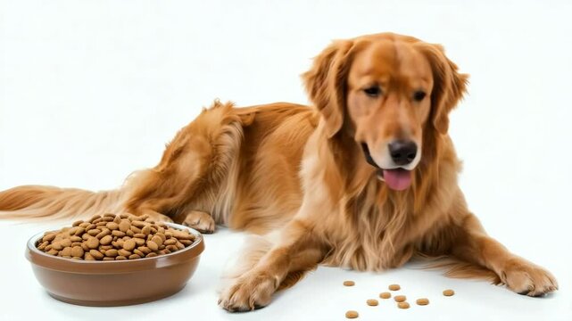 Golden retriever eagerly approaches bowl of kibble on white background