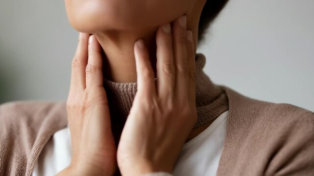 Woman touching sore throat suffering from pain