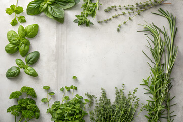 Fresh Assortment of Aromatic Herbs on a Grey Background