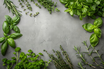 Fresh Culinary Herbs Border on Grey Stone Surface