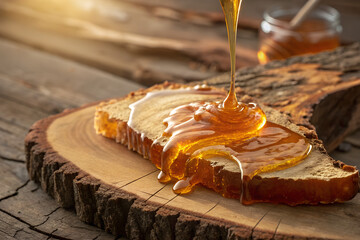 Golden Honey Dripping onto Rustic Bread on Wood