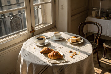 Cozy Morning Coffee and Croissants by a Sunny Window