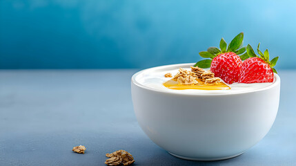 Yogurt with Granola and Strawberries in White Bowl