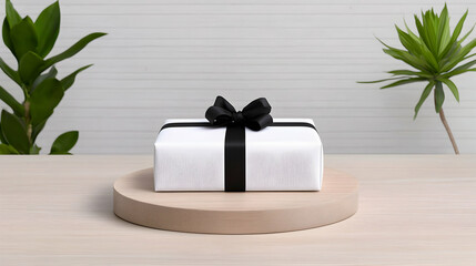 White Gift Box with Black Ribbon on Wooden Table