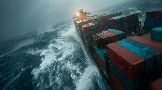 Stormy Seas A Cargo Ship Battling Rough Waters and High Waves in a Dramatic Maritime Scene