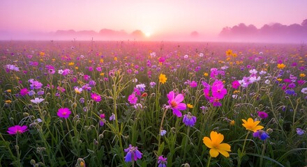 Fototapeta premium Colorful wildflower field at sunrise with mist in the early morning