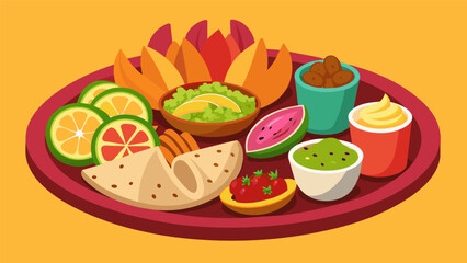 A sampler platter of authentic Mexican antojitos showcasing regional specialties like cochinita pibil and Bajastyle fish tacos.. Vector illustration