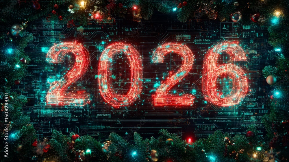 Poster futuristic 2024 number render: glowing digital typography with circuitry and bokeh background for ne